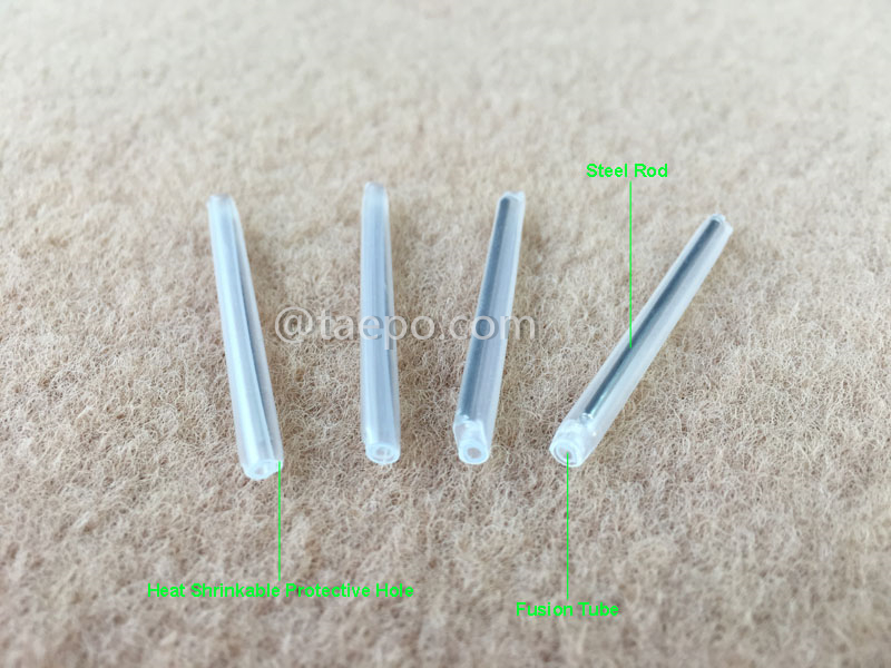 Иллюстрационные изображения термоусадочных гильз для пучковой оптоволоконной конструкции, длина 45 мм, стальной стержень 1,2 мм