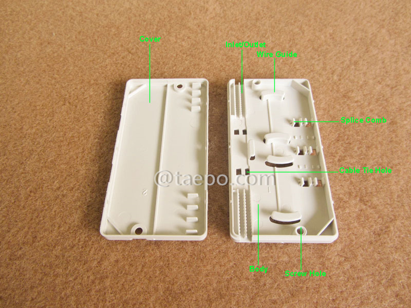 Иллюстративные изображения муфты для сращивания дроп-кабеля, 2 входа и 2 выхода