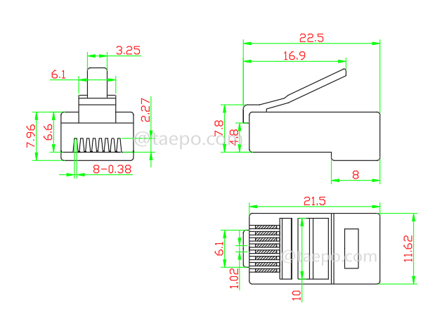 Чертеж для модульного разъема, CAT5E, RJ45, 8P8C, UTP