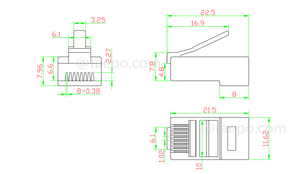 Чертеж для Модульного разъема, CAT6A, RJ45, 8P8C, UTP
