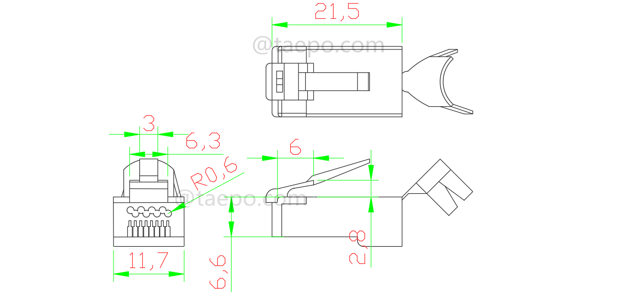 Чертеж для Модульного разъема, CAT7, RJ45, 8P8C, STP