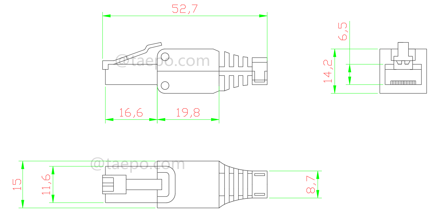 Чертеж для Модульного разъема, CAT5E, RJ45, 8P8C, UTP, без инструмента