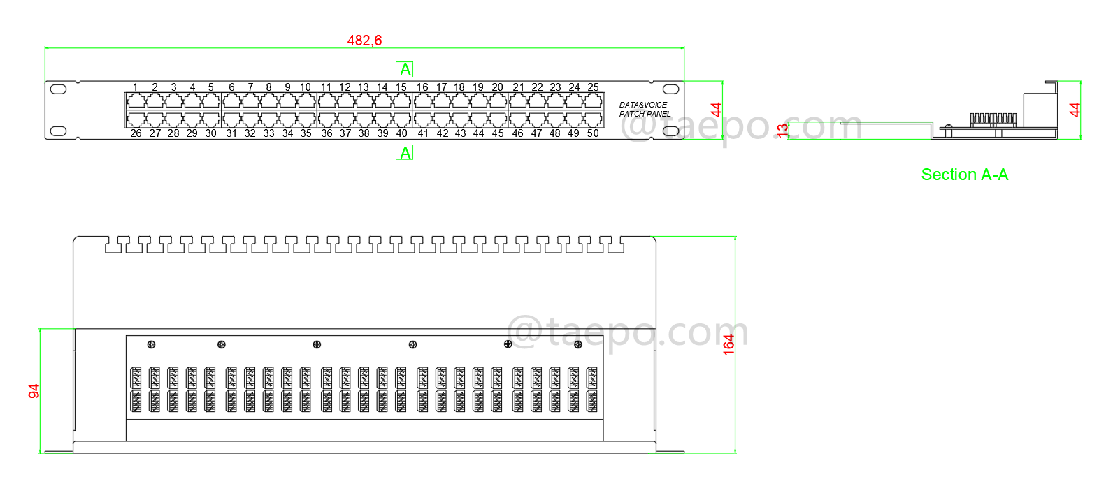 Чертеж патч-панели на 50 портов, CAT3, RJ45, UTP, 19