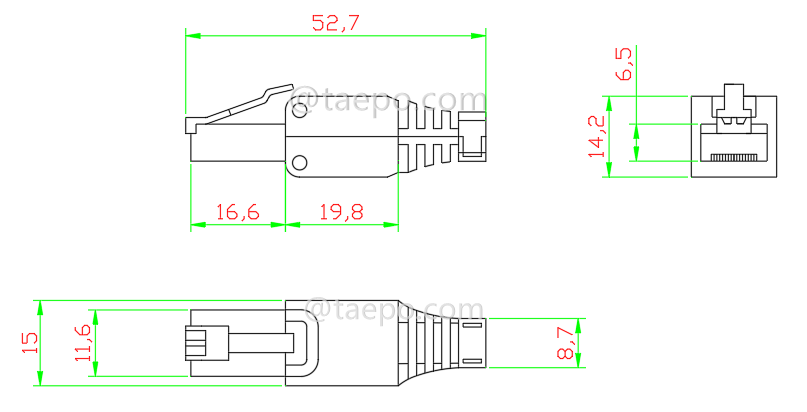 Чертеж для Модульного разъема, CAT6, RJ45, 8P8C, UTP, без инструмента