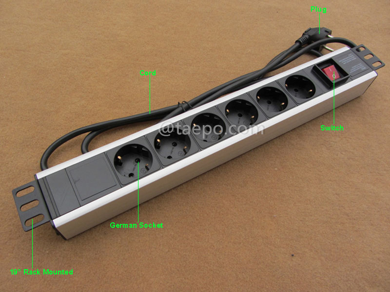 Иллюстративные изображения для PDU, стандарт Германии, 16A 250VAC, 6 разъемов, 1.5U, с главным выключателем