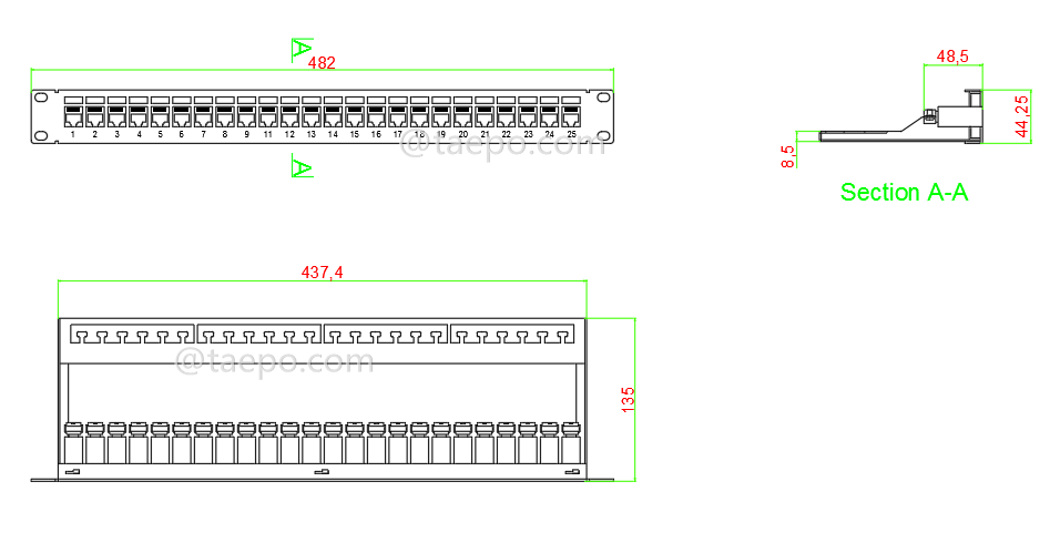 Чертеж для панели для патч-корда на 24 порта, CAT5E, RJ45, STP, 19