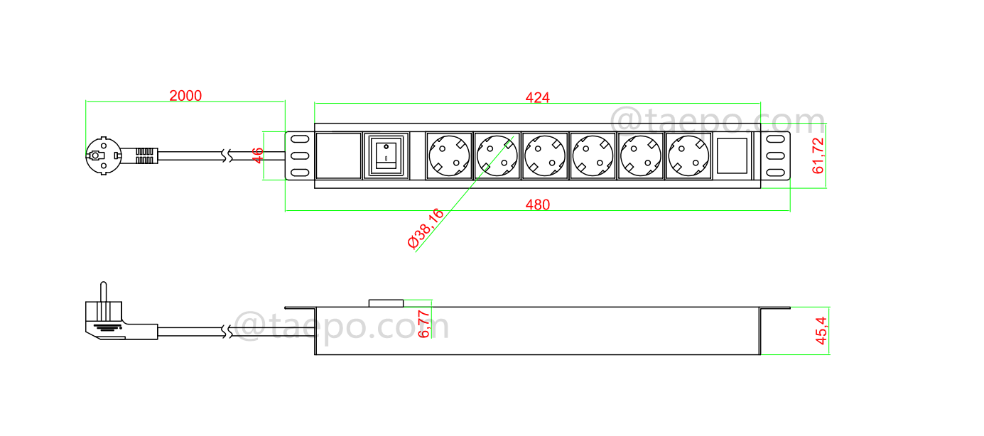 Чертеж для PDU, стандарт Германии, 16A 250VAC, 6 разъемов, 1.5U, с главным выключателем