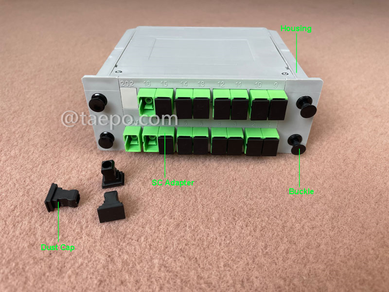 Иллюстрации оптического сплиттера, PLC, кассетного типа, G657A, 1x16, свободная трубка 0,9 мм, с разъемом SC/APC